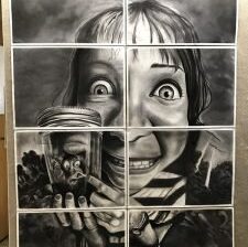student artwork featuring a close-up monochromatic image of a face made up of eight different panels
