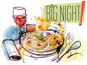 big night graphic with drawing of pasta and wine glass