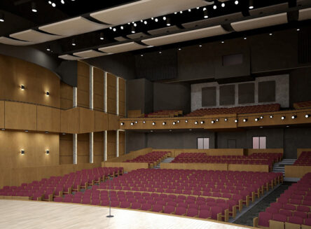 artistic rendering of mcclaren hall in the wachholz college center, a large performance hall featuring rows of red carpeted seats and wood grain walls with acoustic treatments