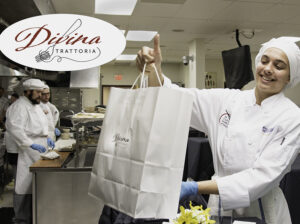 divina trattoria logo with a culinary student presenting a meal