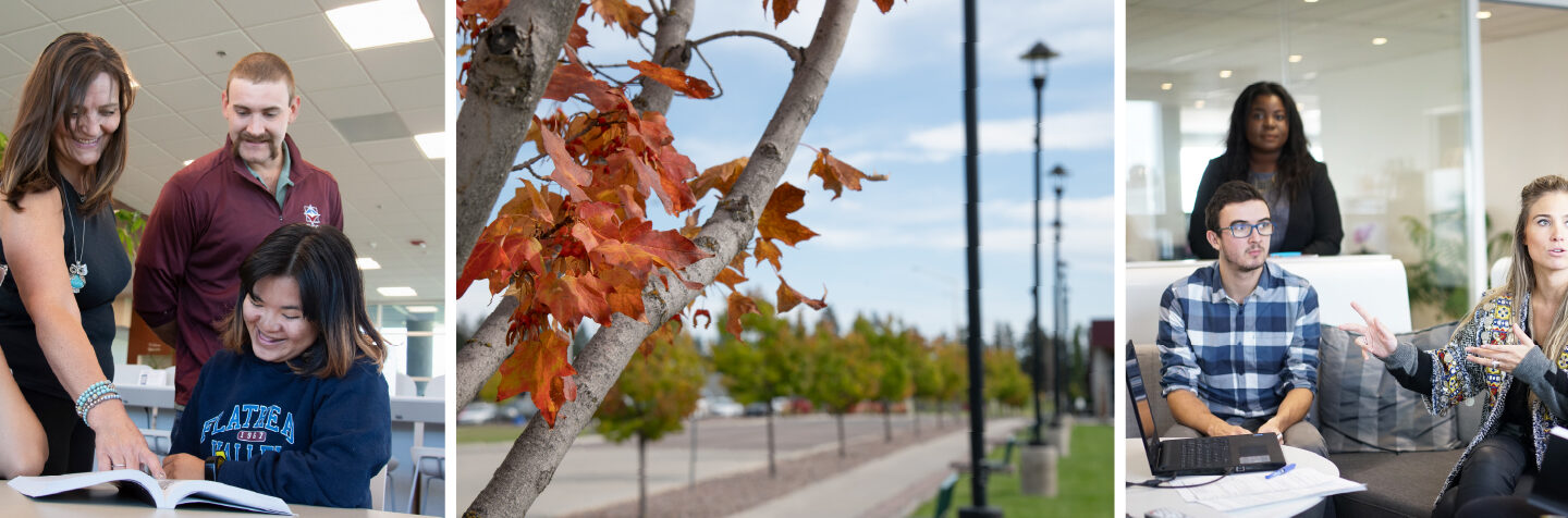 A collage featuring FVCC students collaborating in study groups, engaging in discussions, and enjoying campus life with autumn scenery in the background.