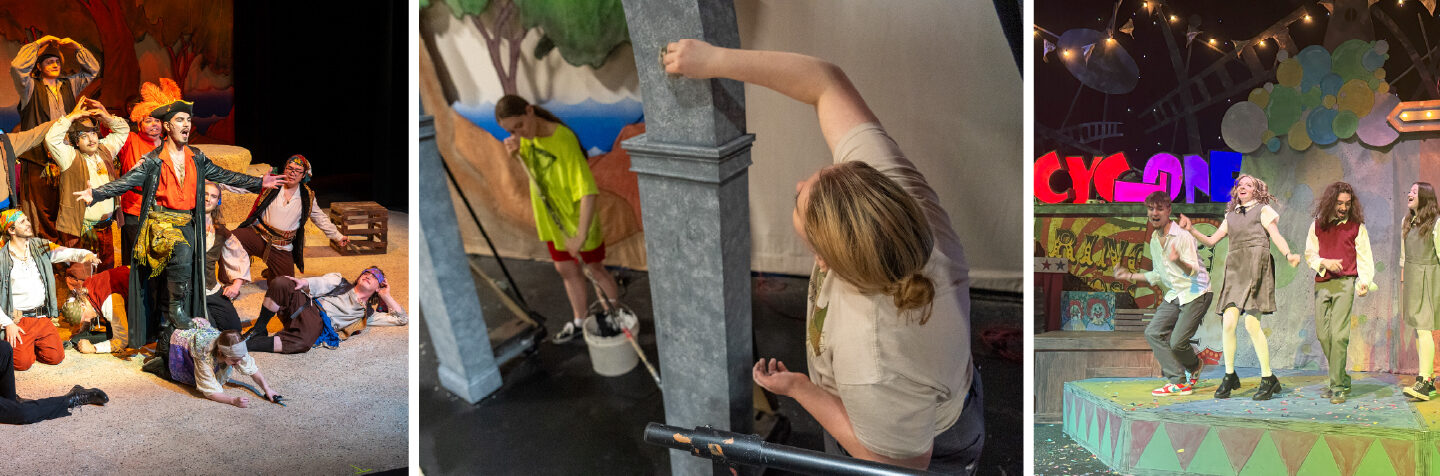 A collage of FVCC theatre students performing in colorful stage productions and working behind the scenes on set design and painting.