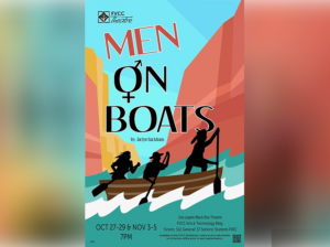 a poster depicts three characters on a boat floating down the colorado river with the text men on boats