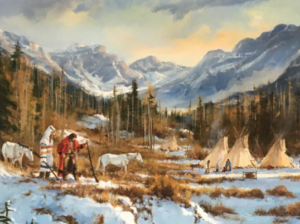 a painting depicts a snowy mountain scene with tipis and people standing in a valley with horses
