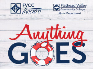 anything goes theatre poster with life saving ring in middle of title forming the O in goes