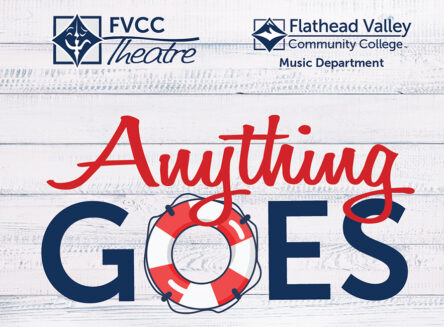 anything goes theatre poster with life saving ring in middle of title forming the O in goes