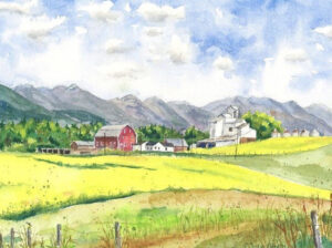 Linda Olsen painting of rolling farm pastures, a barn, and mountains with blue sky and clouds