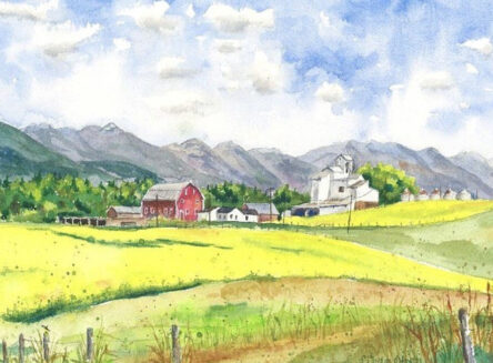 Linda Olsen painting of rolling farm pastures, a barn, and mountains with blue sky and clouds