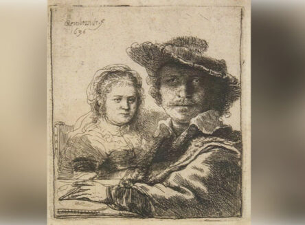 the artwork A Self Portraint With Saskia depicting a man wearing a hat and a girl by artist Rembrandt Harmenszoom van Rijn