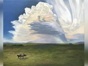 the painting a force of nature by mary knotts depicts horses running across a green field under a big sky with large clouds