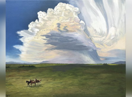 the painting a force of nature by mary knotts depicts horses running across a green field under a big sky with large clouds