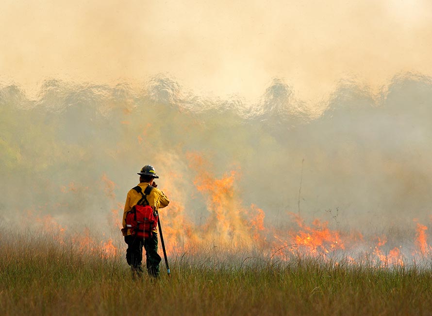 a firefighter standings in front of a burning plain