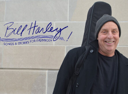 bill harley songs for everybody graphic and portrait of Bill Harley carrying a guitar case and leaning against a cinderblock wall
