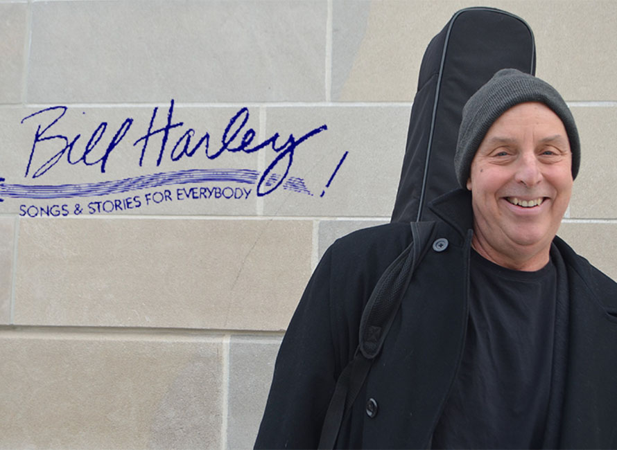 bill harley songs for everybody graphic and portrait of Bill Harley carrying a guitar case and leaning against a cinderblock wall