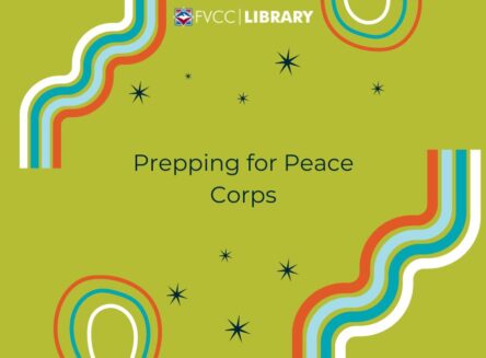 fvcc library workshop graphic with text "prepping for peace corps"