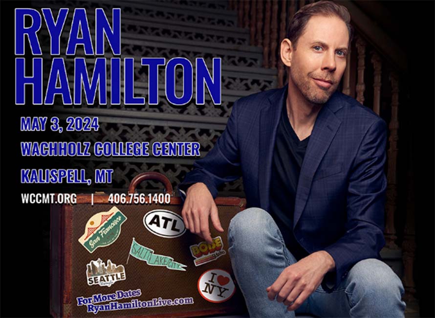 Ryan Hamilton portrait posing with suitcase with graphic text announcing show date and location
