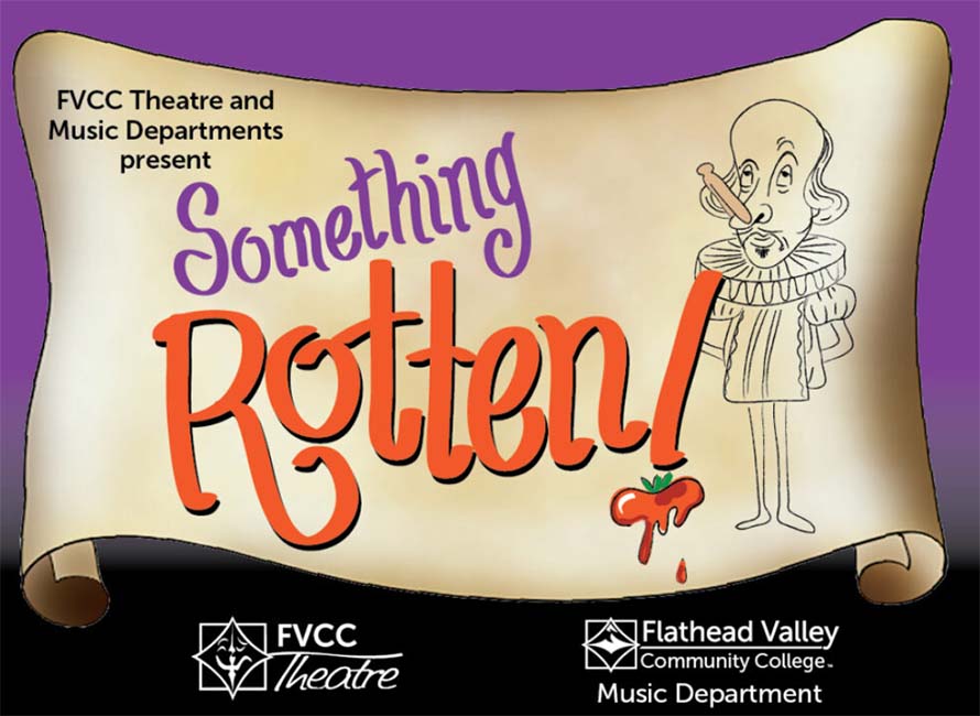 a graphic of shakespeare with a pin on his nose with text fvcc theatre and music departments present something rotten!