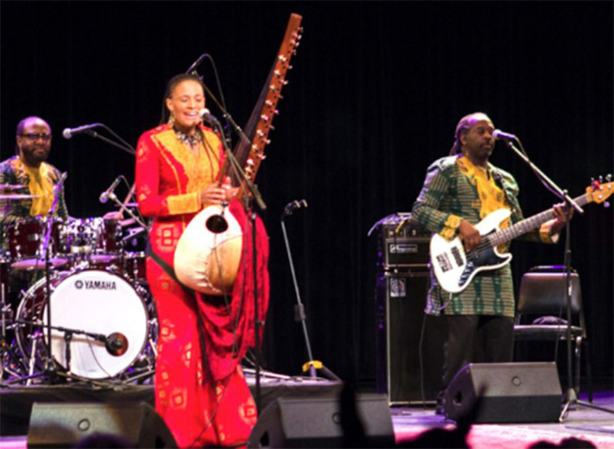 Sona Jobarteh performing on stage with accompanying musicians