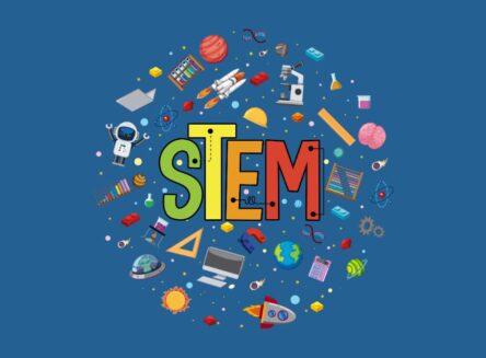stem colloquium graphic showing colored title stem with numerous science related graphics orbiting the text