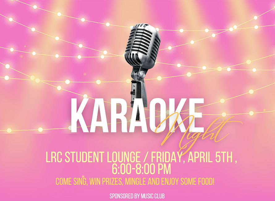 karaoke night graphic of a string of party lights with a microphone and text with event place and time