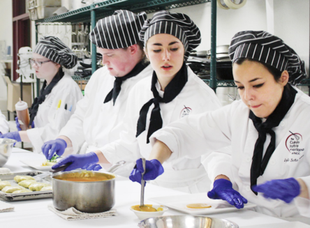 Culinary institute of Montana at FVCC students standing in row plating various foods
