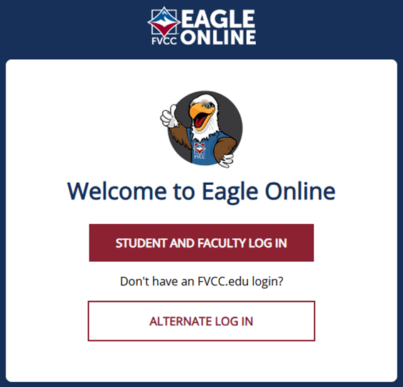 Eagle Online login page screen shot with two button options. Student and Faculty Log In and Alternate Log In