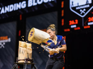 Lauren Bergman sets a world record in the standing block chop at the U.S. women's Stihl Timbersports Championships in Milwaukee. Courtesy photo