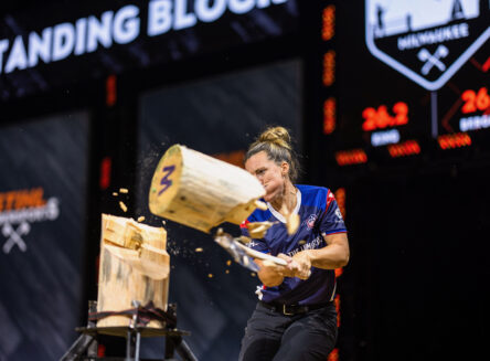 Lauren Bergman sets a world record in the standing block chop at the U.S. women's Stihl Timbersports Championships in Milwaukee. Courtesy photo