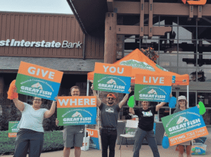 Jen Asebrook, Remington Jankoski, Matt Bertoia, Deidre Corson and Laura Abernethy at a pop-up station in Whitefish during the Whitefish Community Foundation's Great Fish Challenge on Sept. 4, 2025. (Jill Seigmund photo)