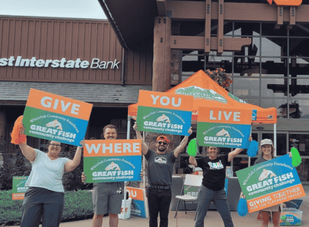 Jen Asebrook, Remington Jankoski, Matt Bertoia, Deidre Corson and Laura Abernethy at a pop-up station in Whitefish during the Whitefish Community Foundation's Great Fish Challenge on Sept. 4, 2025. (Jill Seigmund photo)