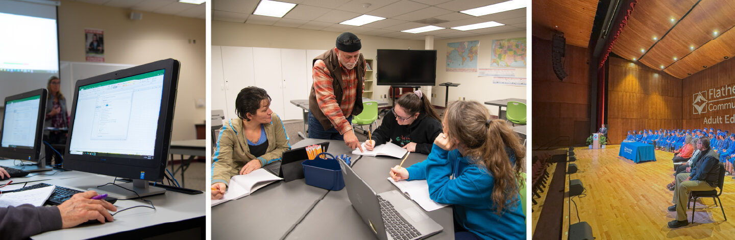 A collage showing FVCC adult education programs, including students learning computer skills, group study sessions, and a graduation ceremony celebrating adult learners.