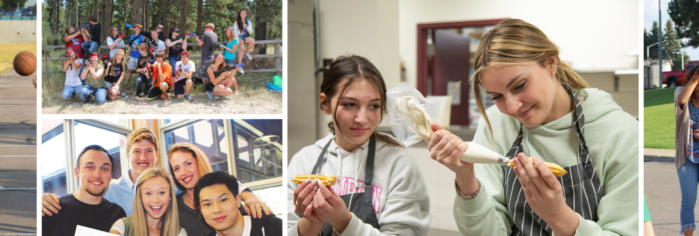 A collage of FVCC students participating in activities that support health and wellness, including playing basketball, outdoor group games, cooking, and socializing with friends.