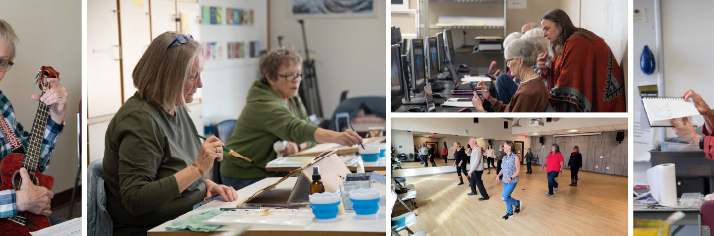 A collage of FVCC’s Senior Institute featuring older adults engaged in music, computer learning, dance, painting, and sharing artwork in a classroom setting.