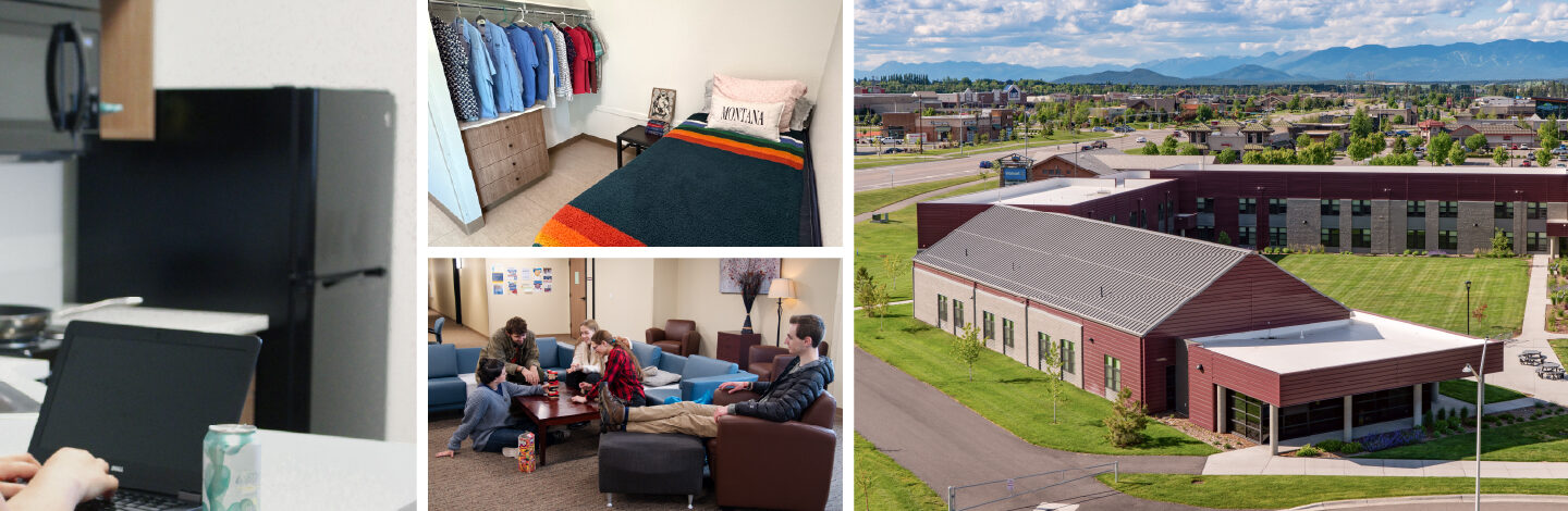 A collage showcasing FVCC student housing, including modern dorm rooms, shared living spaces, and an exterior view of the residence hall with mountain scenery in the background.