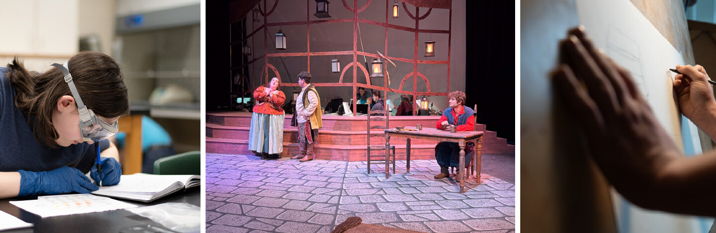 A collage of FVCC students in theatre, science labs, and art studios, showcasing diverse academic pathways for transfer students.