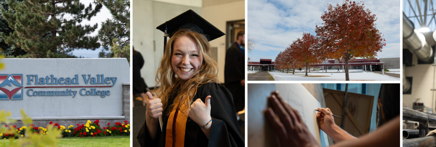 A collage showcasing FVCC’s campus sign, a smiling graduate in cap and gown, autumn trees, a student welding in a lab, and an artist sketching.