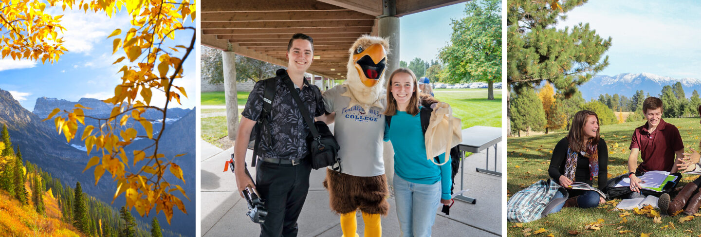 A collage featuring Montana’s mountain scenery, FVCC students posing with the college mascot, and students studying outdoors on campus surrounded by fall leaves.