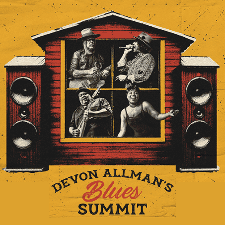 A retro-style graphic with a yellow background, featuring a red shack-like structure with windows. Four musicians are shown performing in the windows, including one playing guitar and one singing into a microphone. The text "DEVON ALLMAN'S Blues SUMMIT" is prominently displayed below the structure.