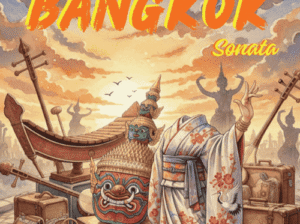 romotional graphic for the Bangkok Sonata performance at FVCC Theatre, featuring traditional Thai masks, musical instruments, and a figure in traditional attire against a warm sunset sky.