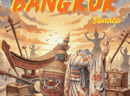 romotional graphic for the Bangkok Sonata performance at FVCC Theatre, featuring traditional Thai masks, musical instruments, and a figure in traditional attire against a warm sunset sky.