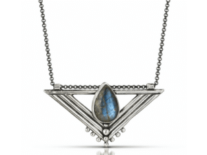 A detailed silver necklace featuring a triangular geometric pendant. The pendant holds a teardrop-shaped blue labradorite stone and is suspended from a delicate silver chain.