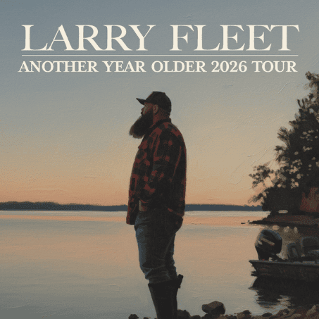 A man identified as country artist Larry Fleet, stands facing away from the camera on the edge of a body of water at sunset. The tour name "LARRY FLEET ANOTHER YEAR OLDER 2026 TOUR" is overlaid in white text at the top.