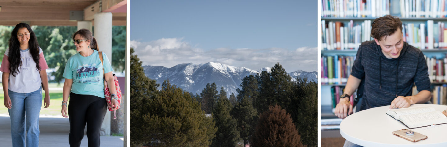 A collage showing students walking across campus, studying together in the library, and scenic views of the surrounding mountains, highlighting the welcoming environment and academic experience at Flathead Valley Community College.