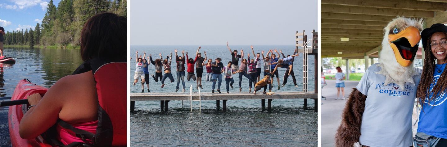 A collage showcasing student organizations at Flathead Valley Community College, including students participating in outdoor activities, a Christian fellowship group gathered on a lakeside dock, and campus leaders engaging with students at a club fair alongside the Timber mascot.