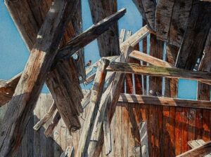A detailed watercolor painting by Karen Leigh featuring weathered, interlocking wooden beams and rustic planks set against a bright blue sky.