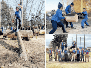 A collage of three images showing a student log rolling, two people using a crosscut saw, and a team portrait of the FVCC Logger Sports team in matching blue shirts and red suspenders.