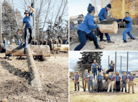 A collage of three images showing a student log rolling, two people using a crosscut saw, and a team portrait of the FVCC Logger Sports team in matching blue shirts and red suspenders.
