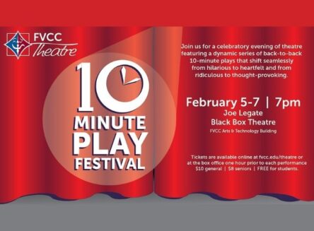 Promotional graphic for the 10-Minute Play Festival at FVCC featuring a red theater curtain and a clock icon.