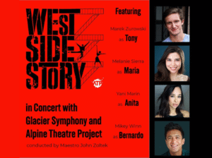 Promotional graphic for West Side Story in Concert featuring a red background with black fire escape silhouettes and headshots of lead performers Marek Zurowski, Melanie Sierra, Yani Marin, and Mikey Winn.