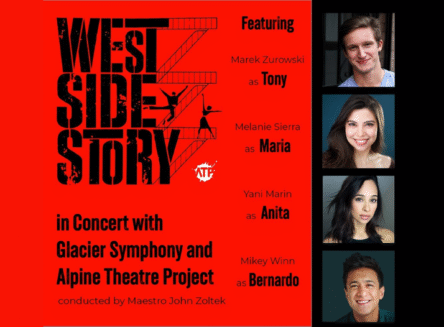 Promotional graphic for West Side Story in Concert featuring a red background with black fire escape silhouettes and headshots of lead performers Marek Zurowski, Melanie Sierra, Yani Marin, and Mikey Winn.